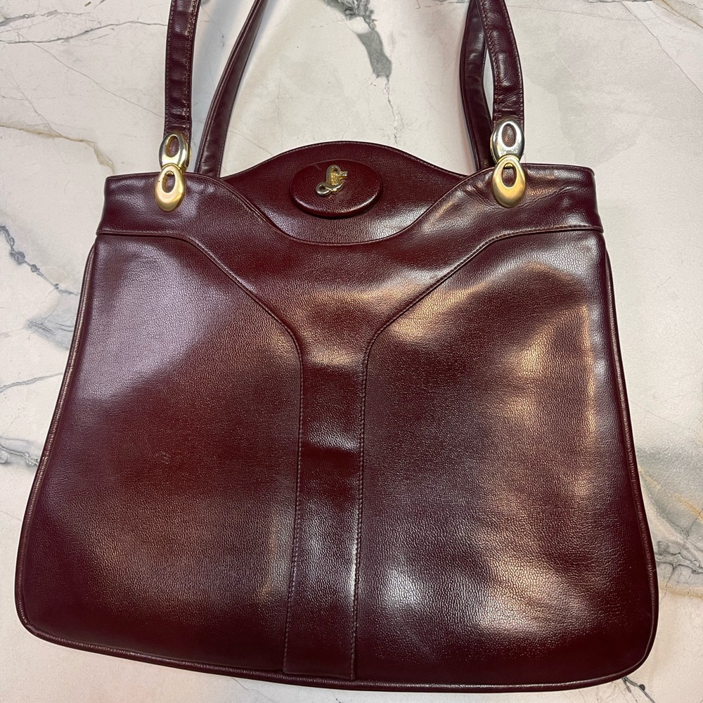 Lou Taylor vintage burgundy genuine leather handbag with built-in swivel mirror